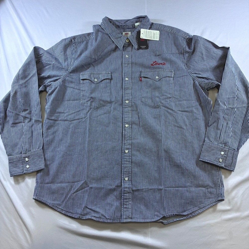Levis The Western Shirt Mens XL Blue White Stripe Pearl Snap Long Sleeve New